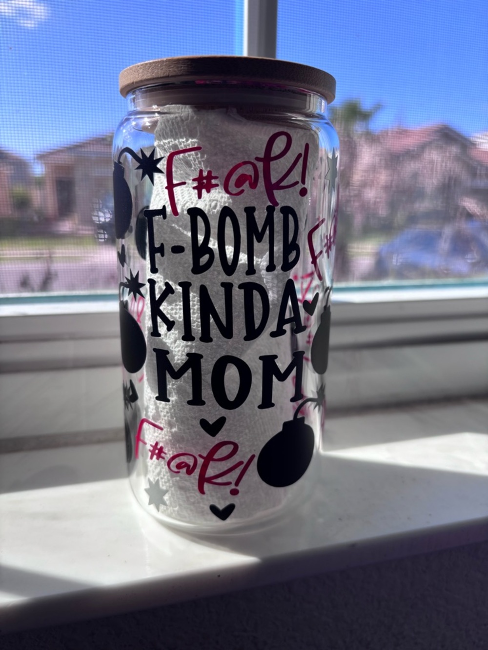 F-Bomb Kinda Mom Glass Jar with Lid - Black & Red Design